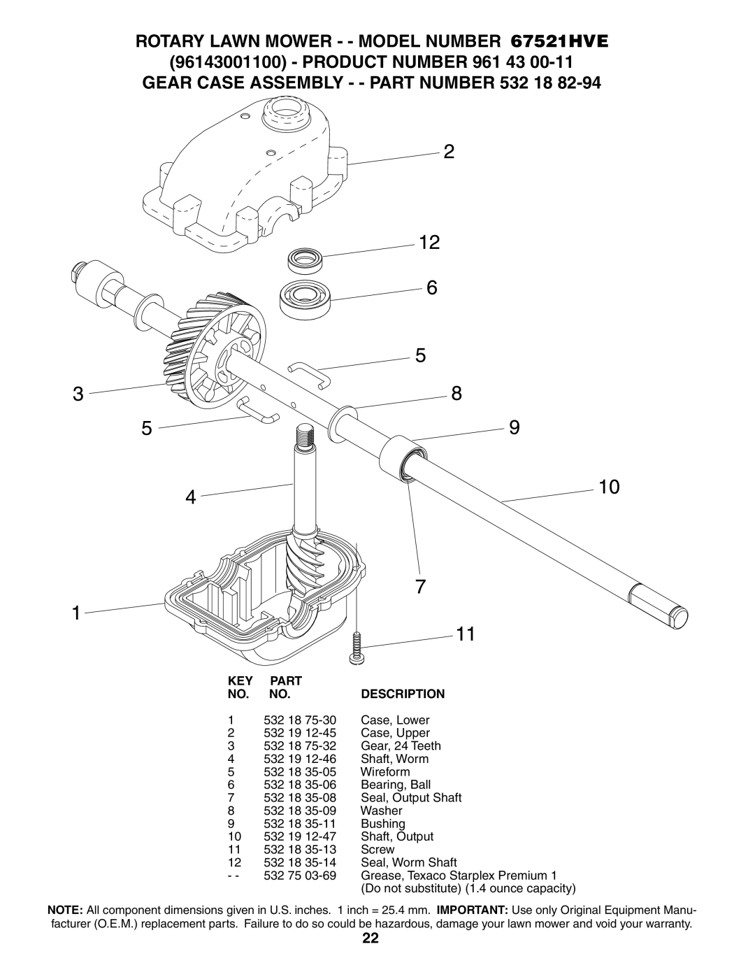 Husqvarna owner manual Rotary Lawn Mower - Model Number 67521HVE, Gear Case Assembly - Part Number 532 18 