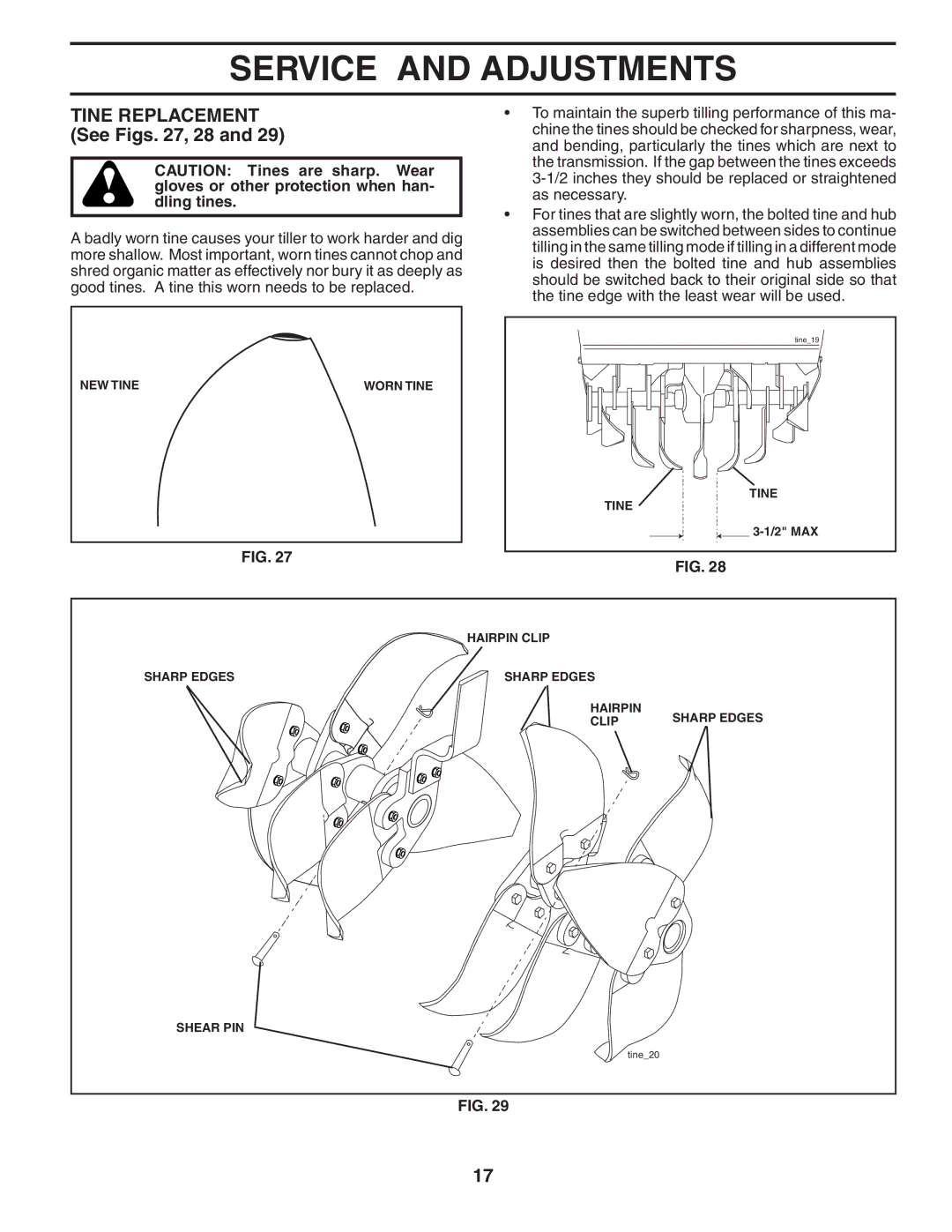 Husqvarna 700DRT owner manual Tine Replacement See Figs , 28 