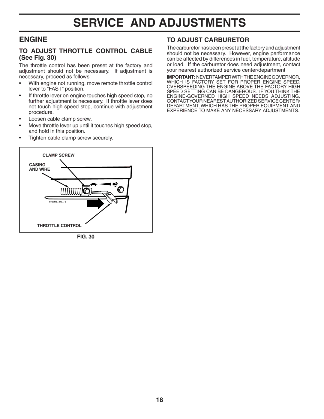 Husqvarna 700DRT owner manual To Adjust Throttle Control Cable See Fig, To Adjust Carburetor 