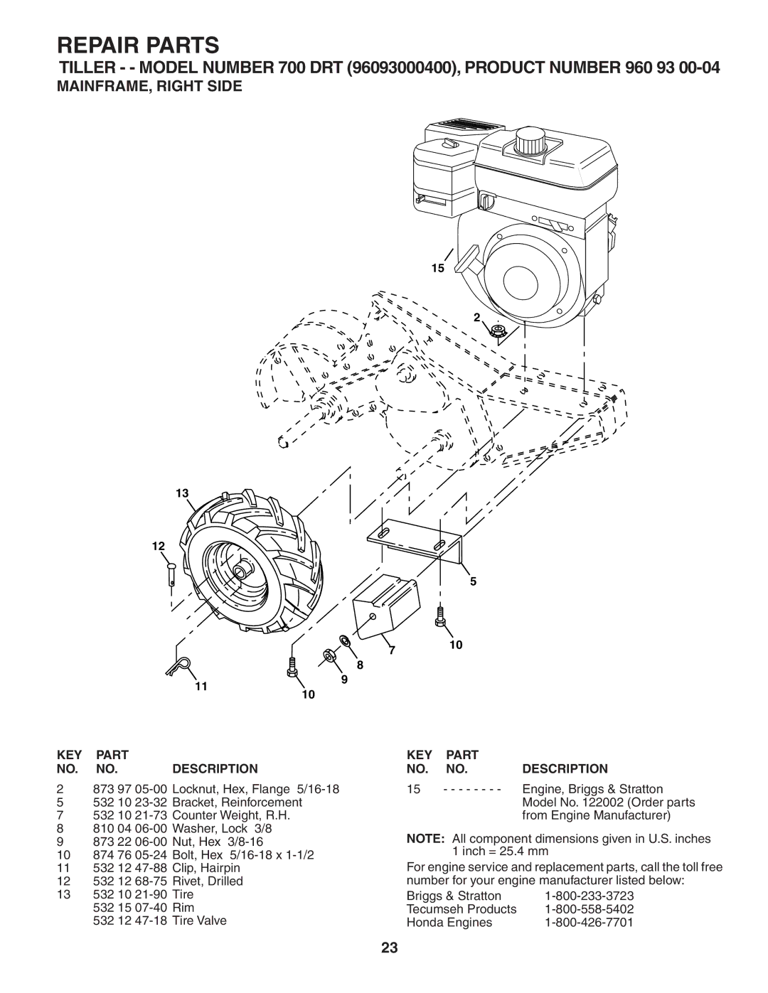 Husqvarna 700DRT owner manual MAINFRAME, Right Side, KEY Part NO. NO. Description 