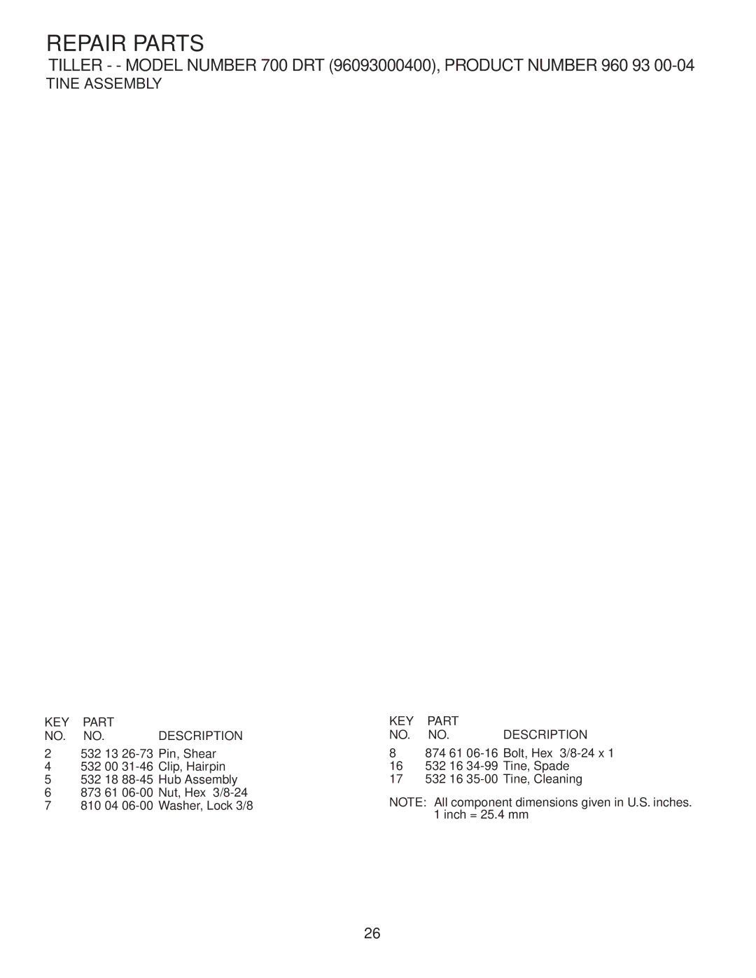 Husqvarna 700DRT owner manual Tine Assembly 