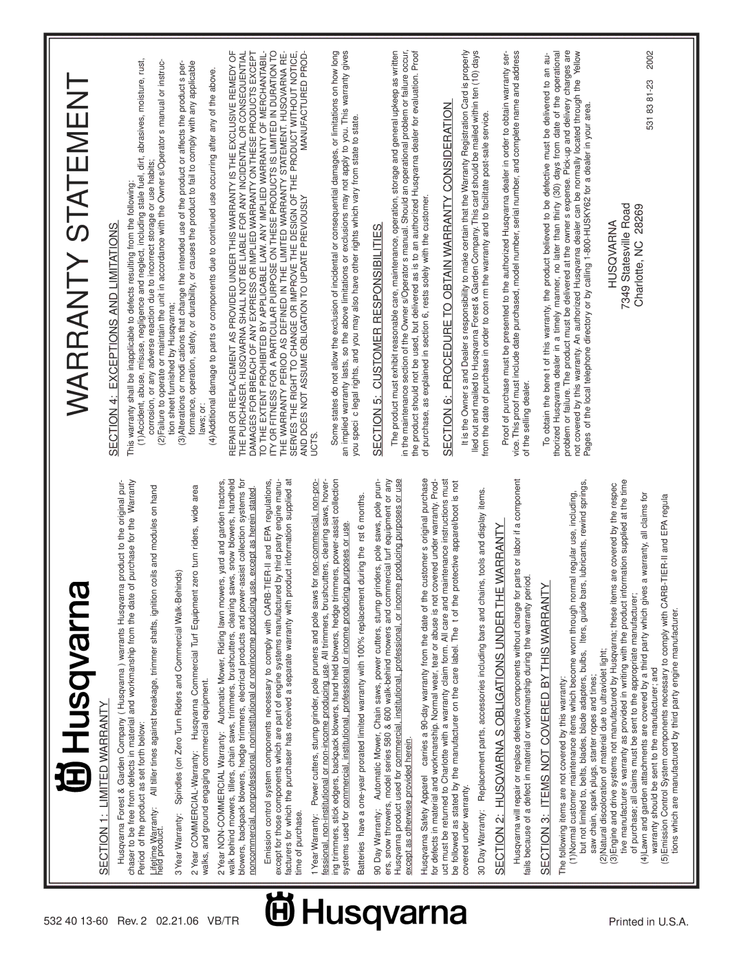 Husqvarna 700DRT owner manual Warranty Statement 