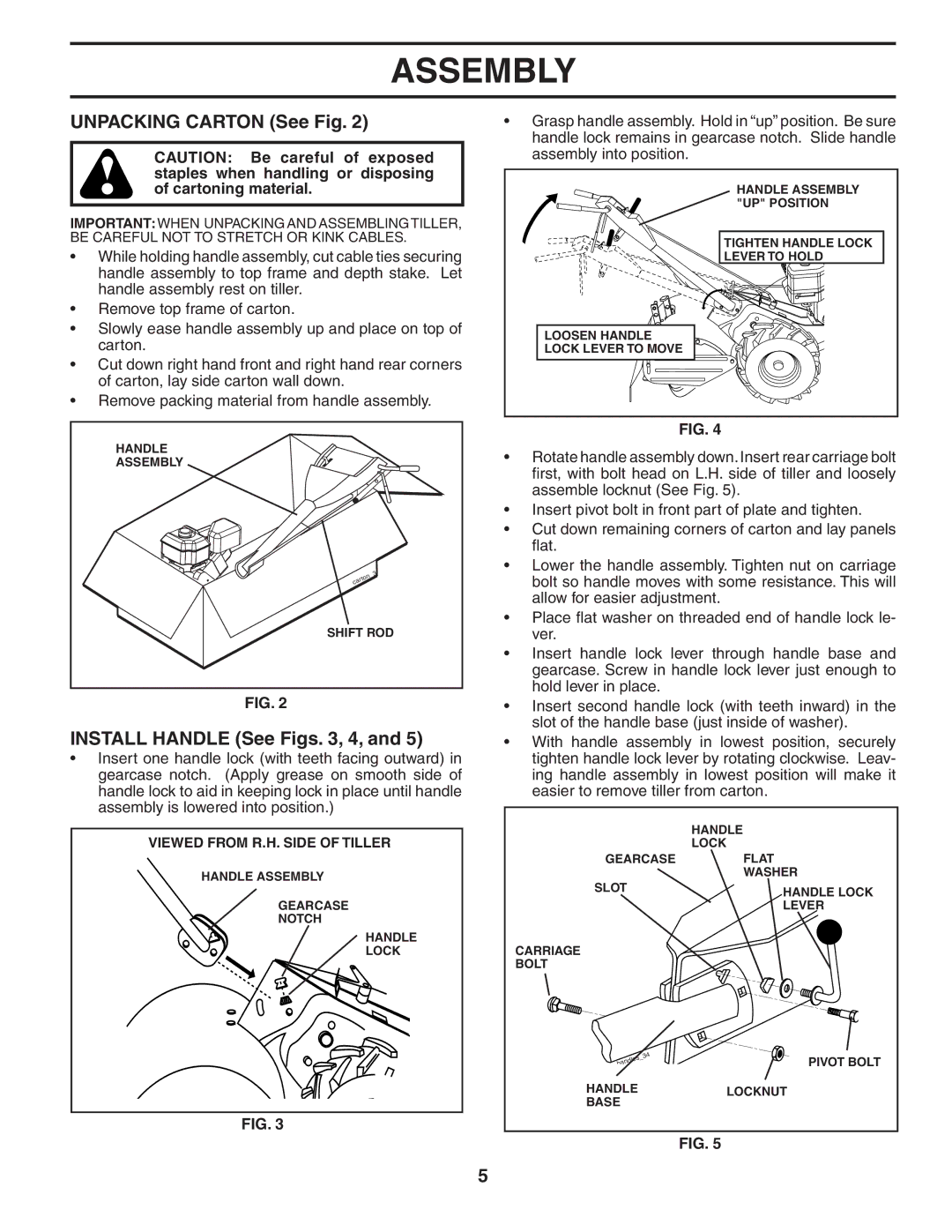 Husqvarna 700DRT owner manual Unpacking Carton See Fig, Install Handle See Figs , 4 