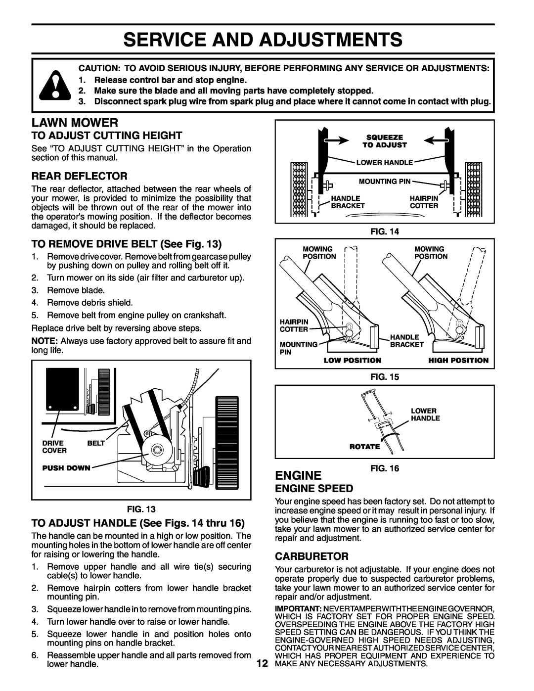 Husqvarna 7021CH1 Service And Adjustments, To Adjust Cutting Height, Rear Deflector, TO REMOVE DRIVE BELT See Fig, Engine 