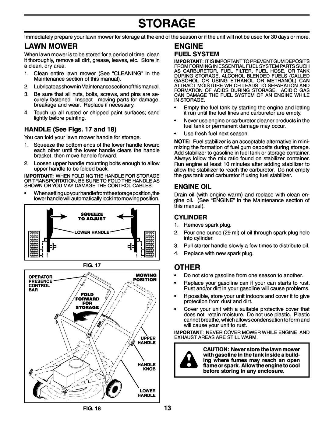 Husqvarna 7021CH1 owner manual Storage, Other, HANDLE See Figs. 17 and, Fuel System, Engine Oil, Cylinder, Lawn Mower 