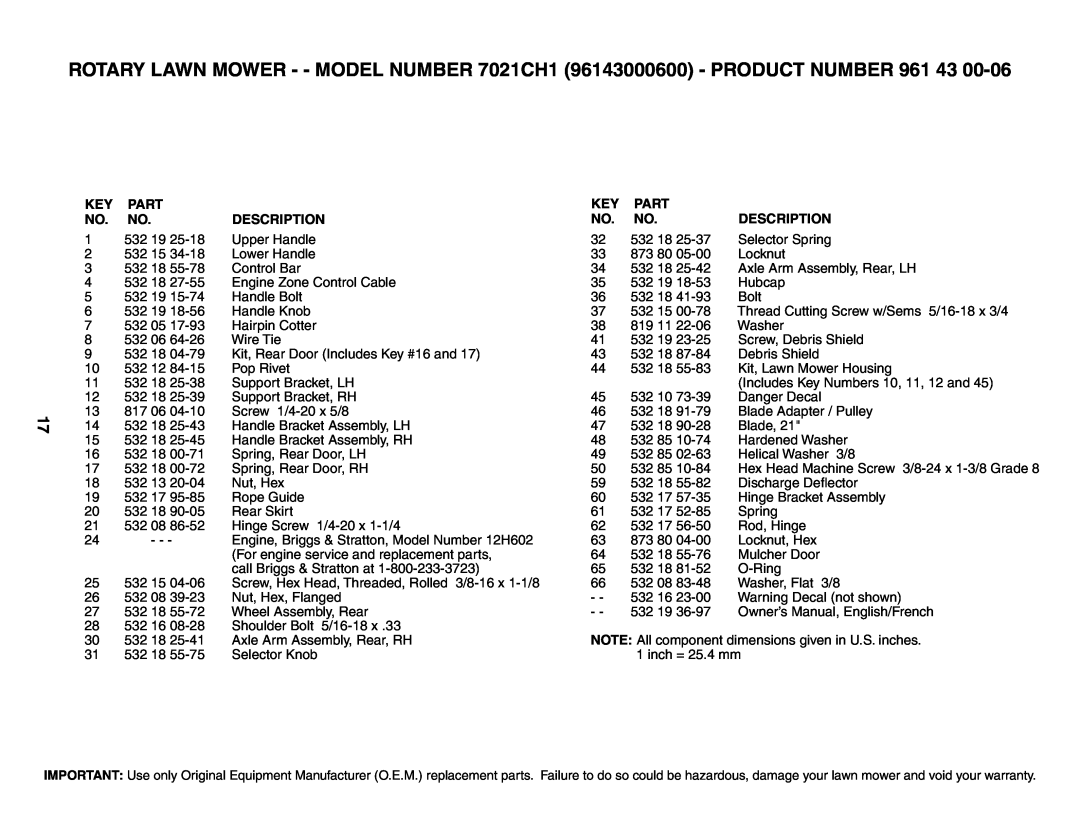 Husqvarna 7021CH1 owner manual Part, Description 