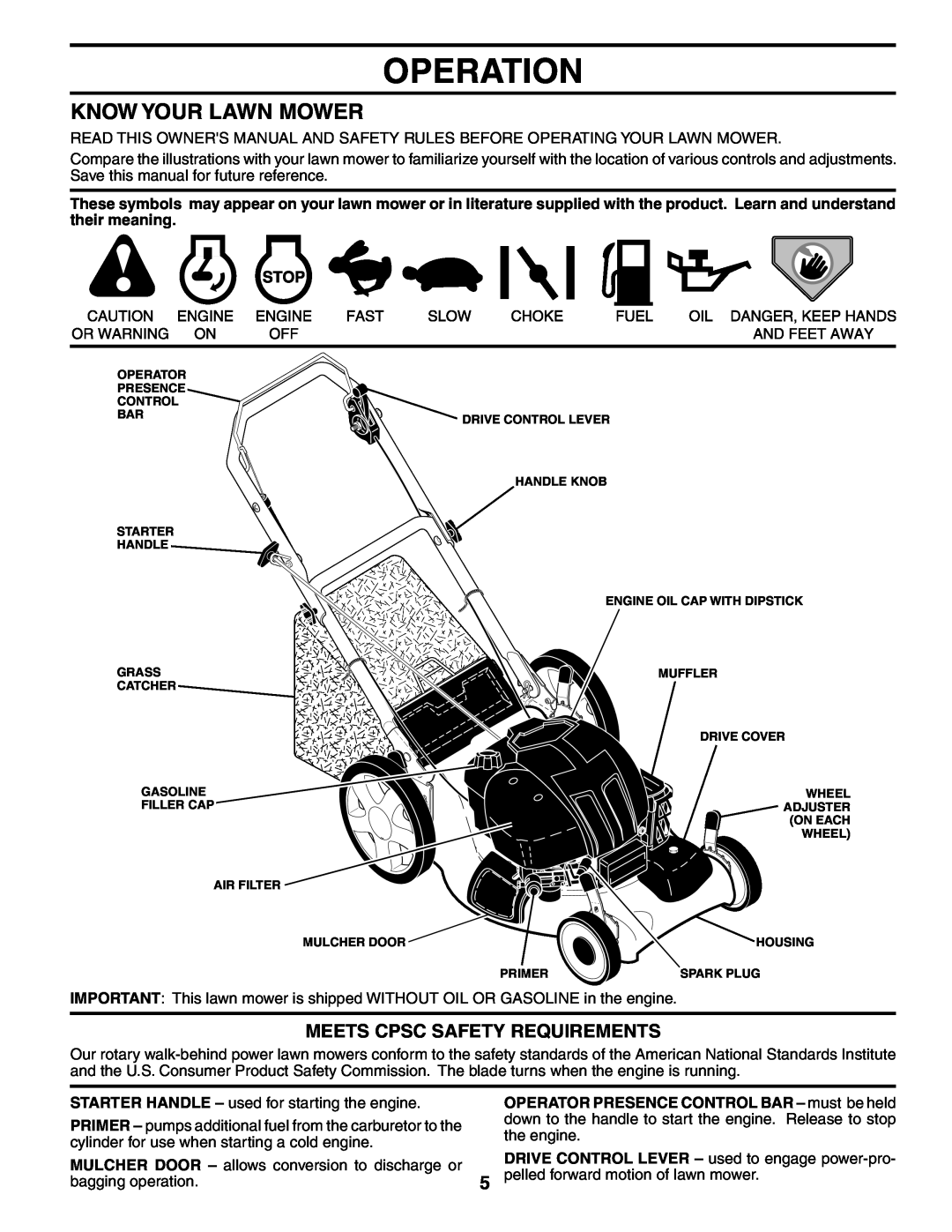 Husqvarna 7021CH1 owner manual Operation, Know Your Lawn Mower, Meets Cpsc Safety Requirements 