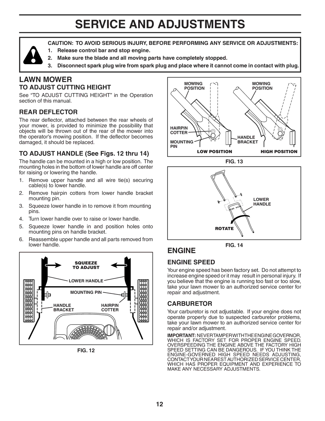 Husqvarna 7021CM Service and Adjustments, To Adjust Cutting Height, Rear Deflector, To Adjust Handle See Figs thru 