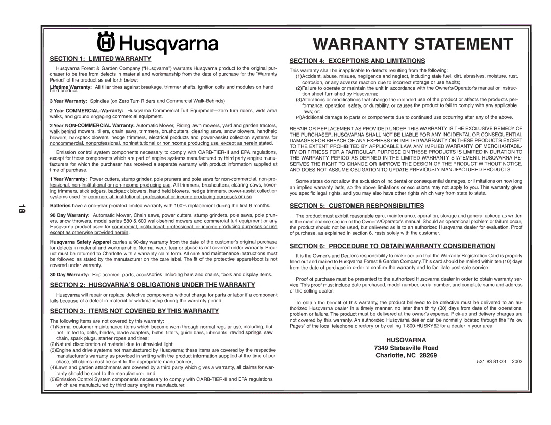 Husqvarna 7021CM owner manual Husqvarna 