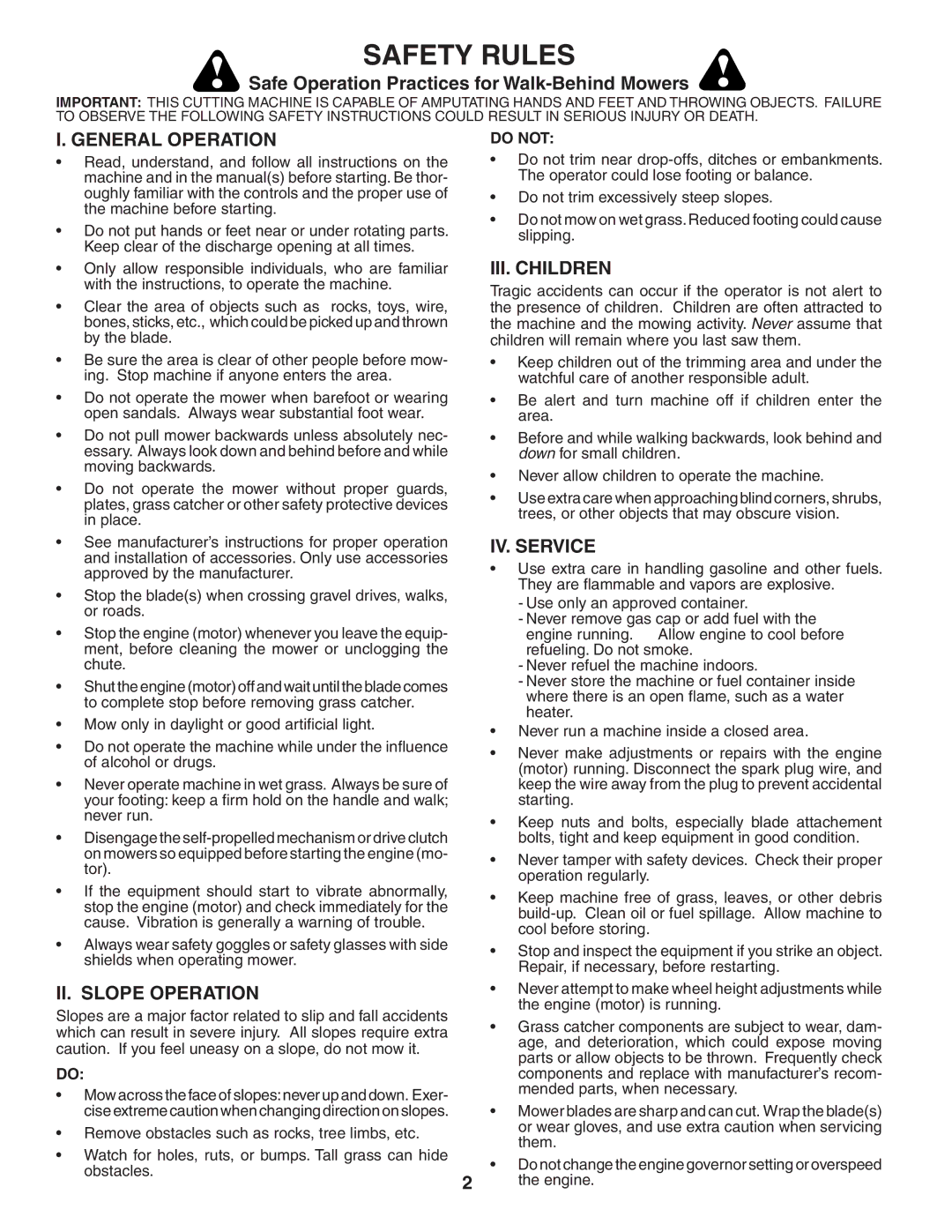 Husqvarna 7021CM Safe Operation Practices for Walk-Behind Mowers, General Operation, III. Children, IV. Service 