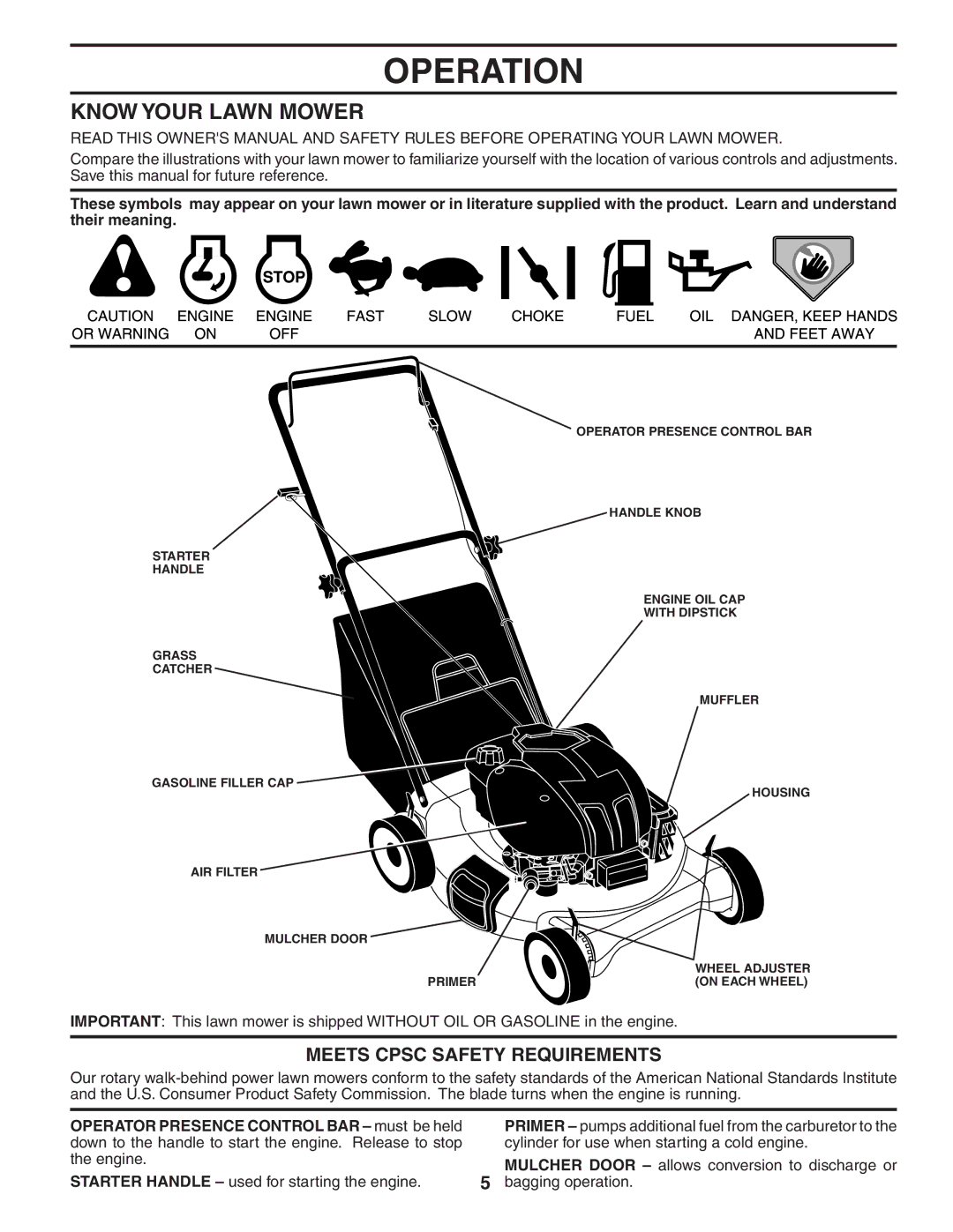 Husqvarna 7021CM owner manual Operation, Know Your Lawn Mower, Meets Cpsc Safety Requirements 