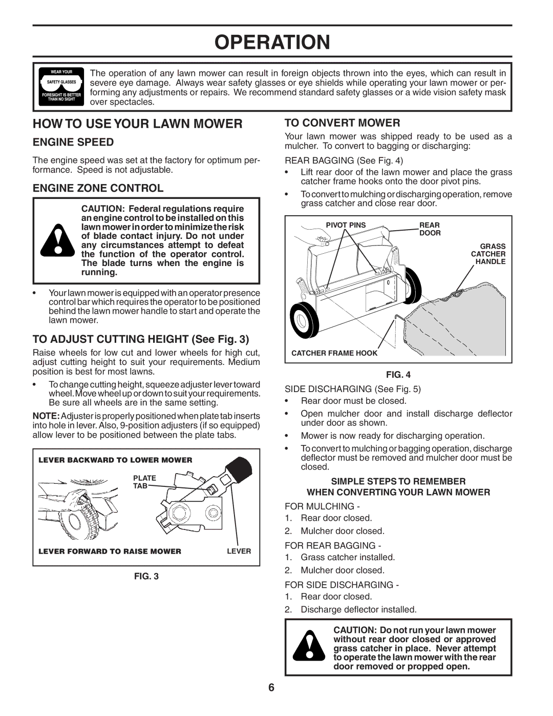 Husqvarna 7021CM HOW to USE Your Lawn Mower, Engine Speed, Engine Zone Control, To Adjust Cutting Height See Fig 