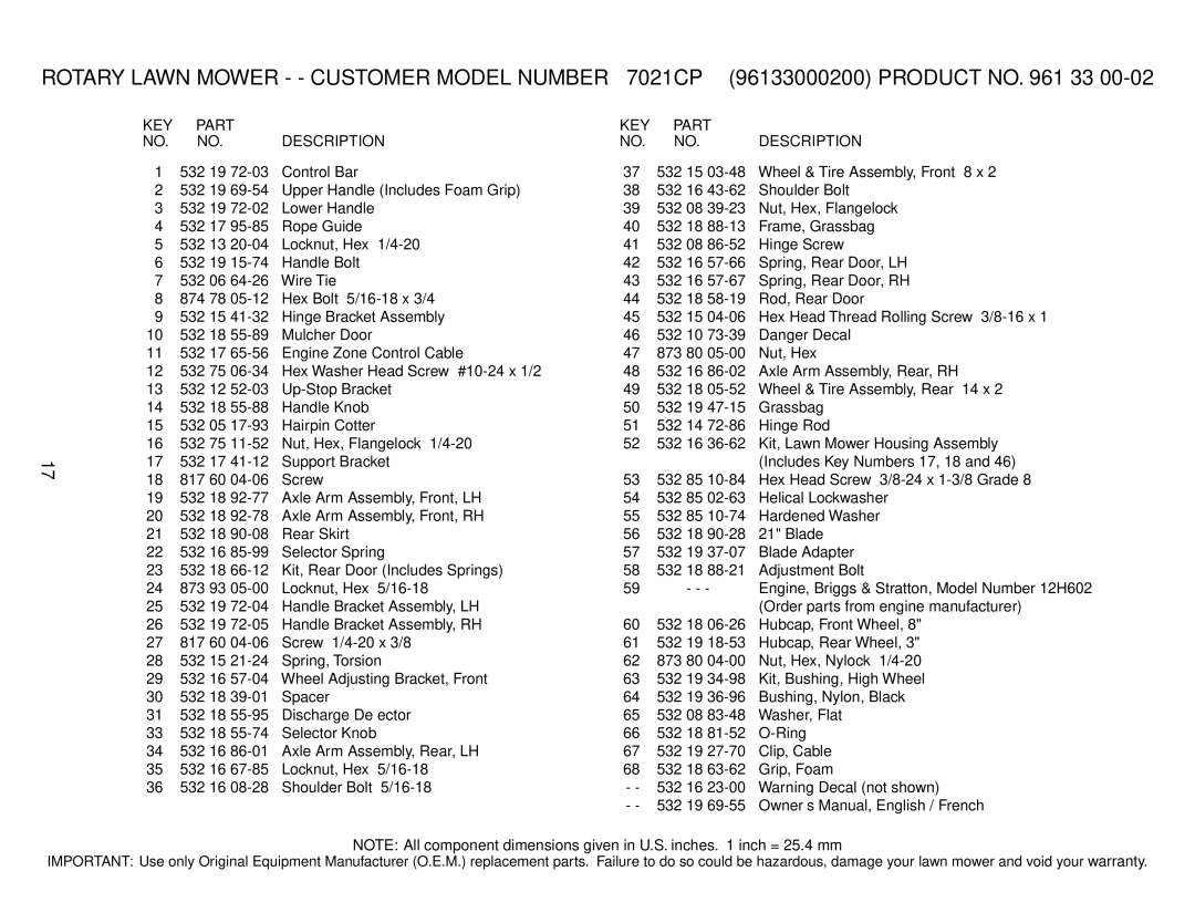 Husqvarna 7021CP owner manual KEY Part Description 