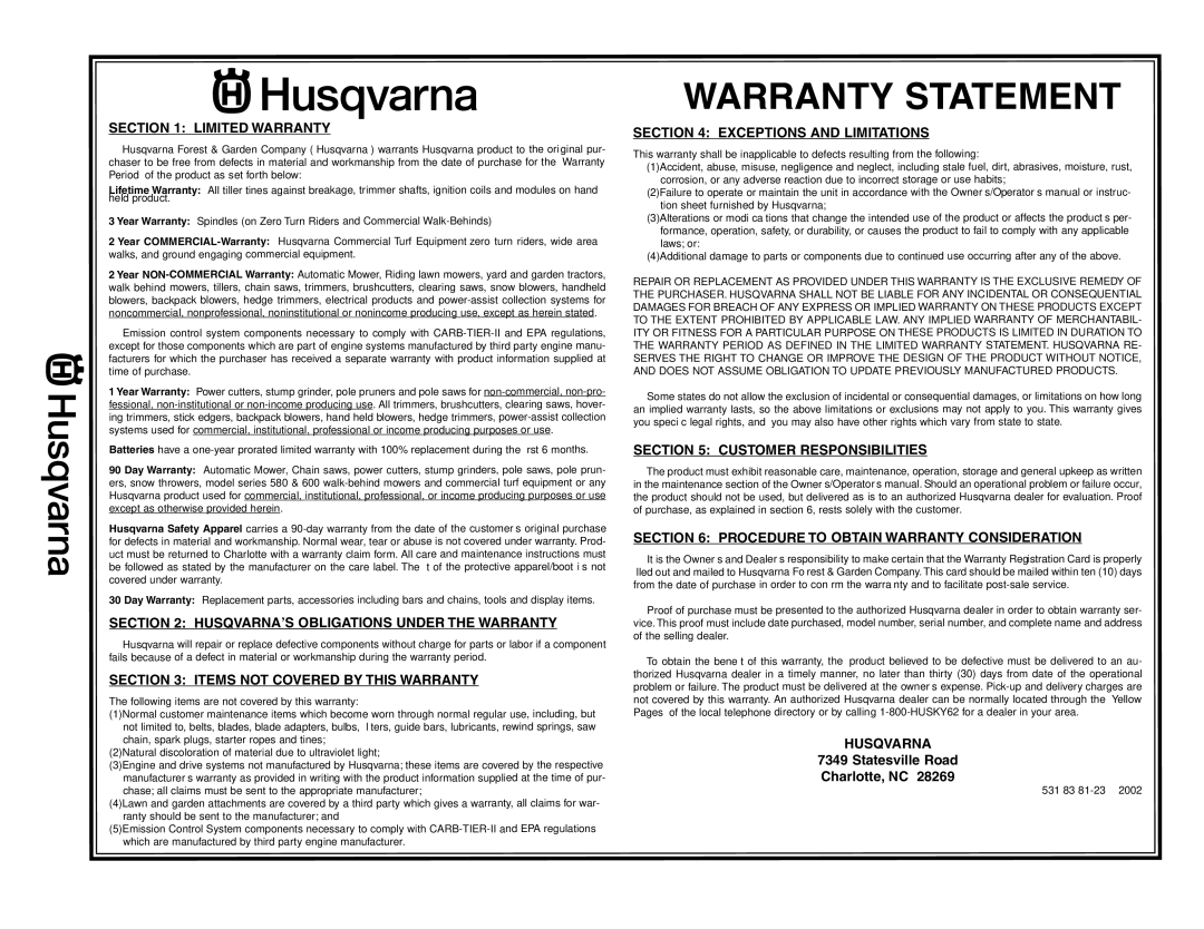 Husqvarna 7021CP owner manual Husqvarna 