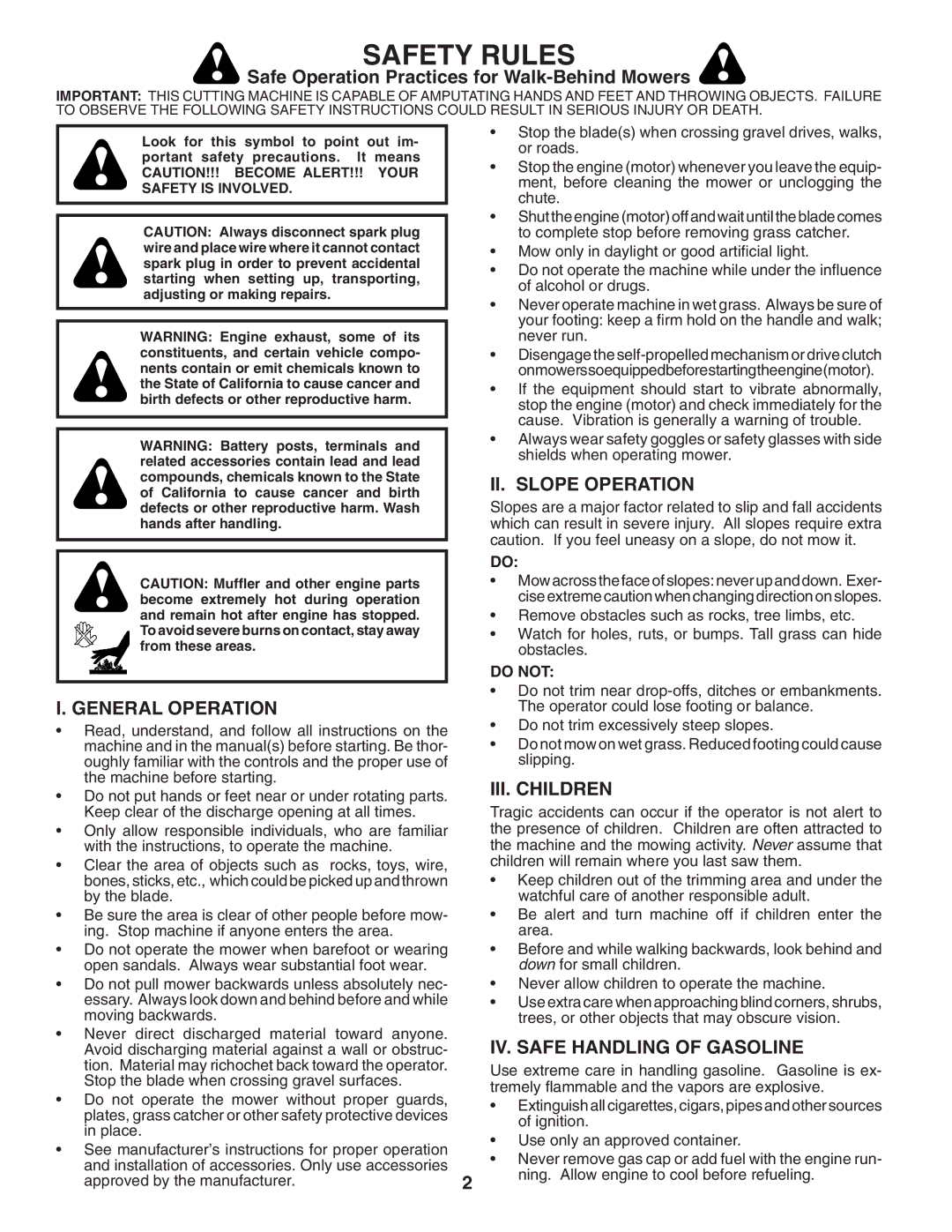 Husqvarna 7021F Safe Operation Practices for Walk-Behind Mowers, II. Slope Operation, General Operation, III. Children 