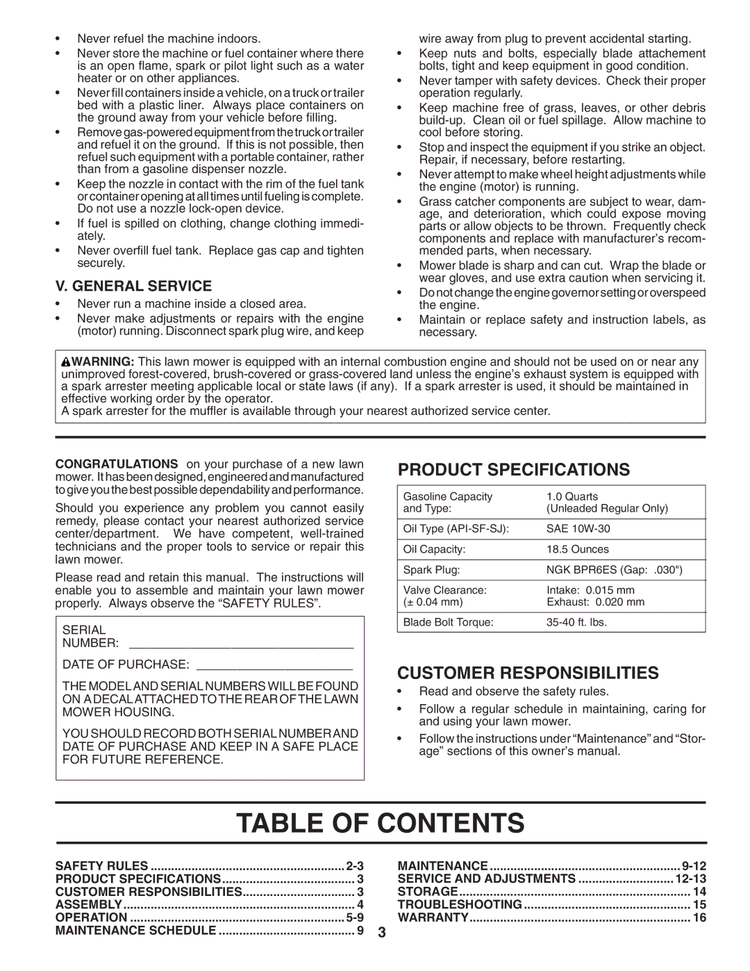 Husqvarna 7021F manual Table of Contents 