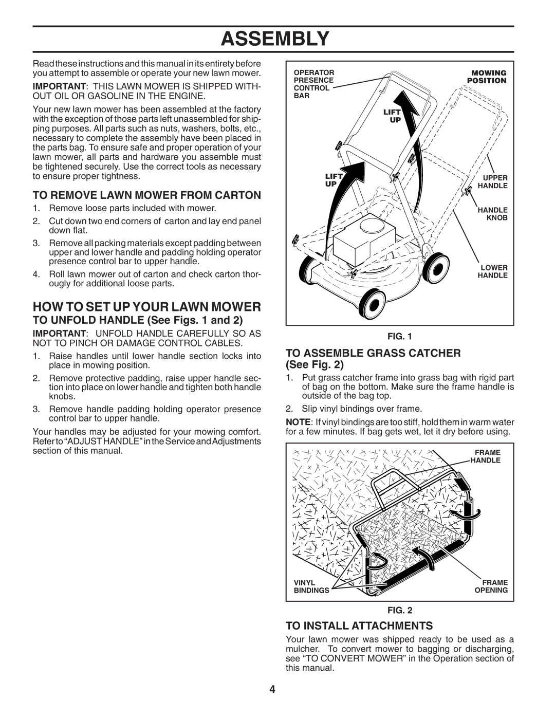 Husqvarna 7021F manual Assembly, HOW to SET UP Your Lawn Mower, To Remove Lawn Mower from Carton, To Install Attachments 