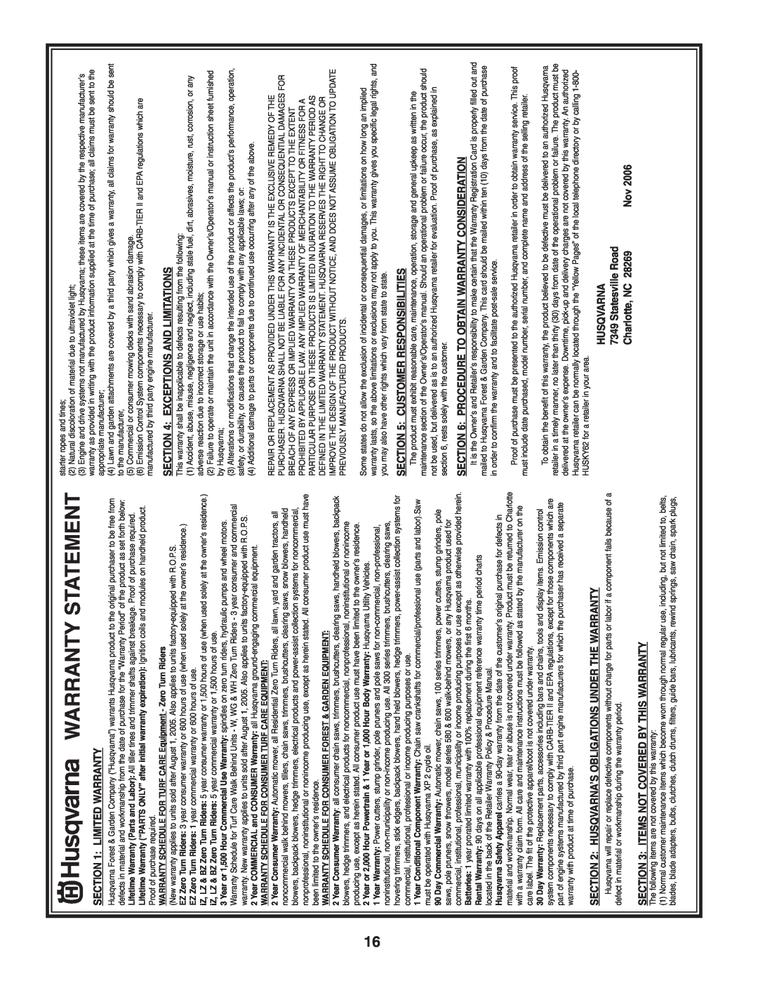Husqvarna 7021F manual Warranty Statement, Charlotte, NC, WARRANTY SCHEDULE FOR TURF CARE Equipment - Zero Turn Riders 