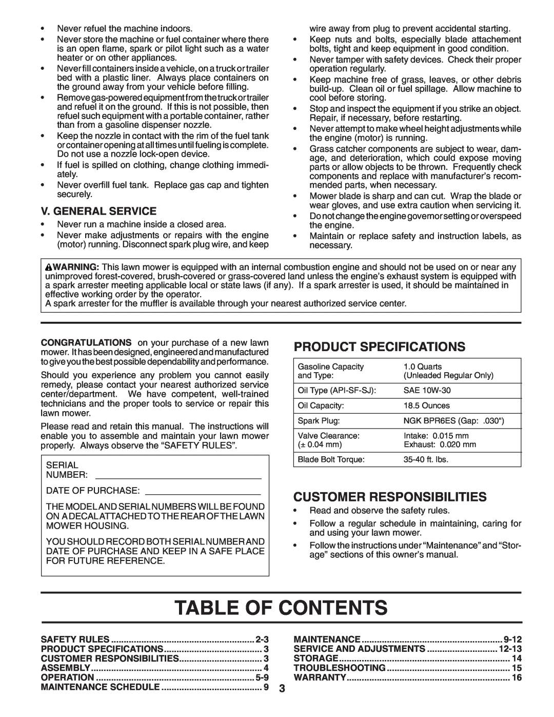 Husqvarna 7021F Table Of Contents, Product Specifications, Customer Responsibilities, V. General Service, 9-12, 12-13 