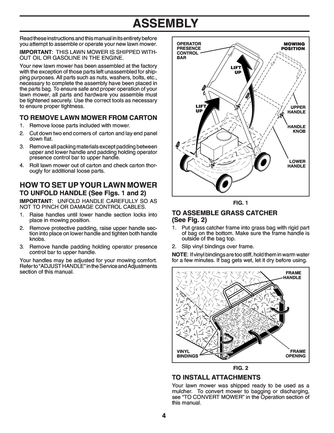 Husqvarna 7021F manual Assembly, How To Set Up Your Lawn Mower, To Remove Lawn Mower From Carton, To Install Attachments 