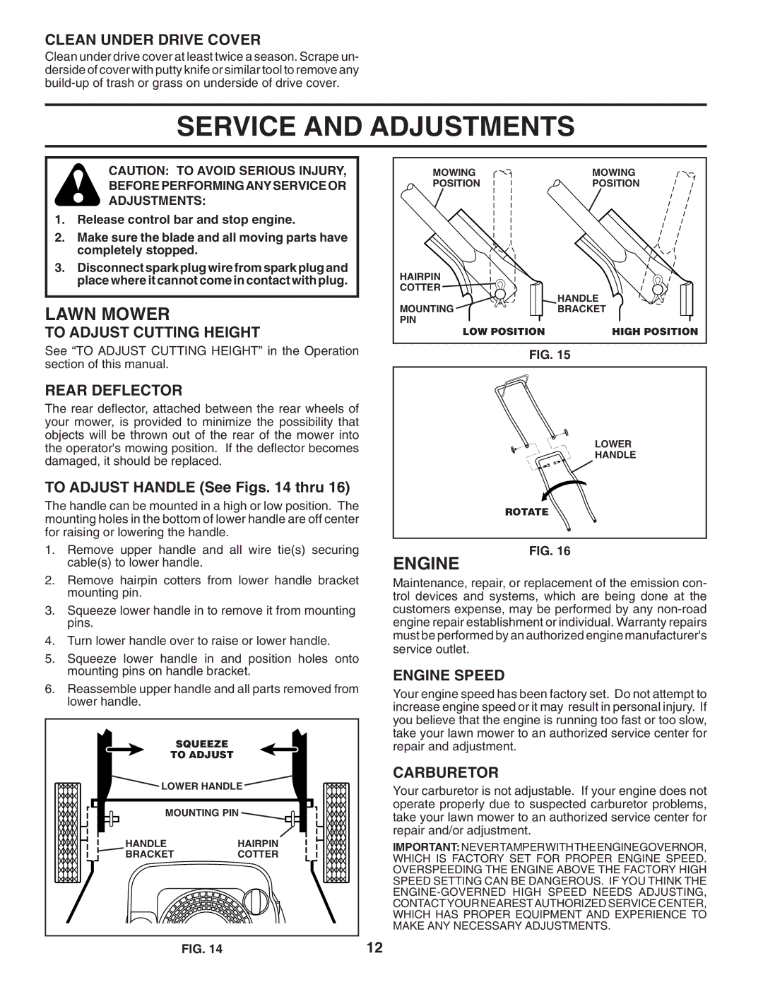 Husqvarna 7021P Service and Adjustments, Clean Under Drive Cover, To Adjust Cutting Height, Rear Deflector, Carburetor 