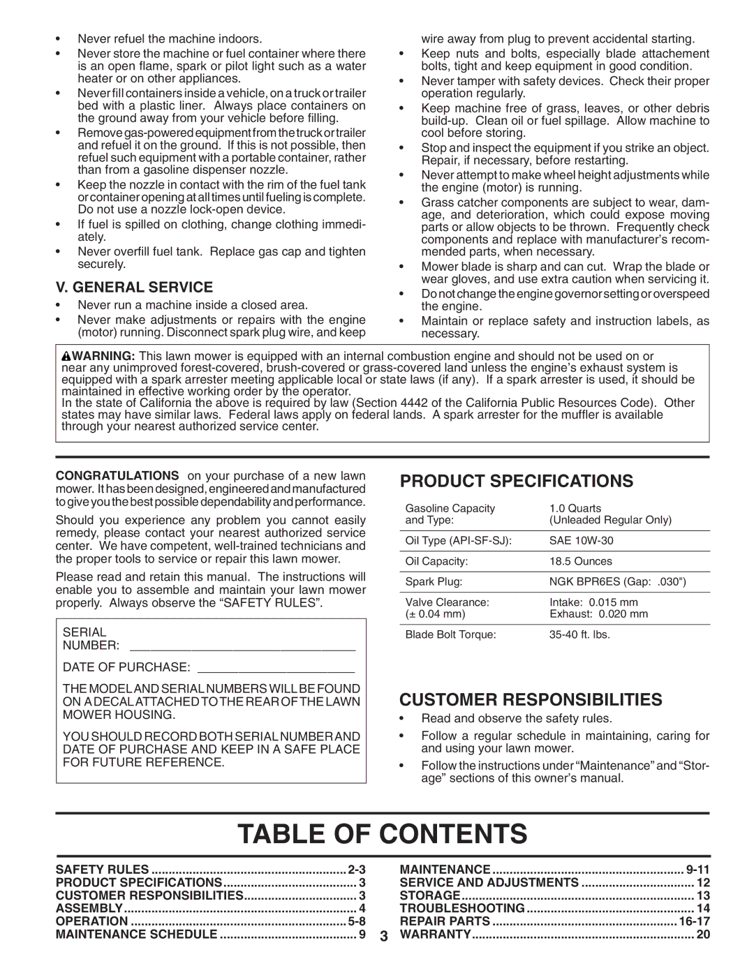 Husqvarna 7021P owner manual Table of Contents 