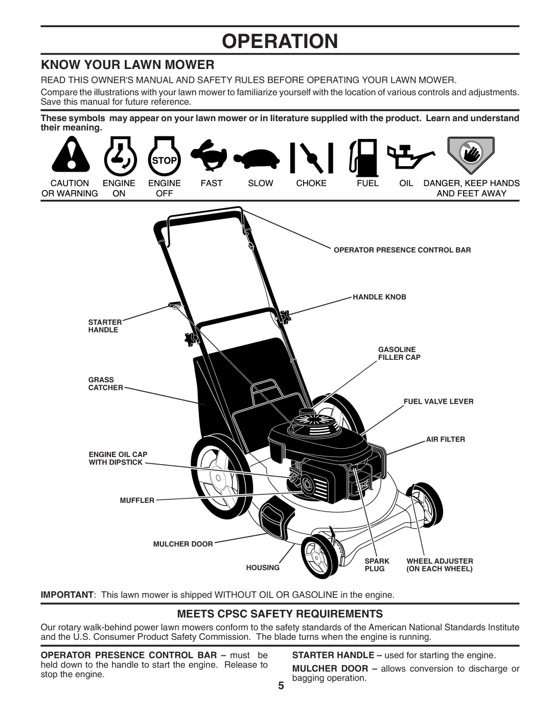 Husqvarna 7021P owner manual Operation, Know Your Lawn Mower, Meets Cpsc Safety Requirements 