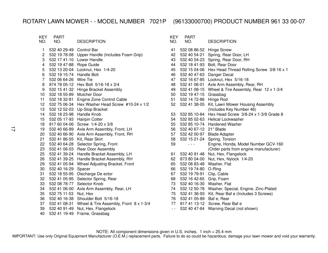 Husqvarna 7021P owner manual KEY Part Description 