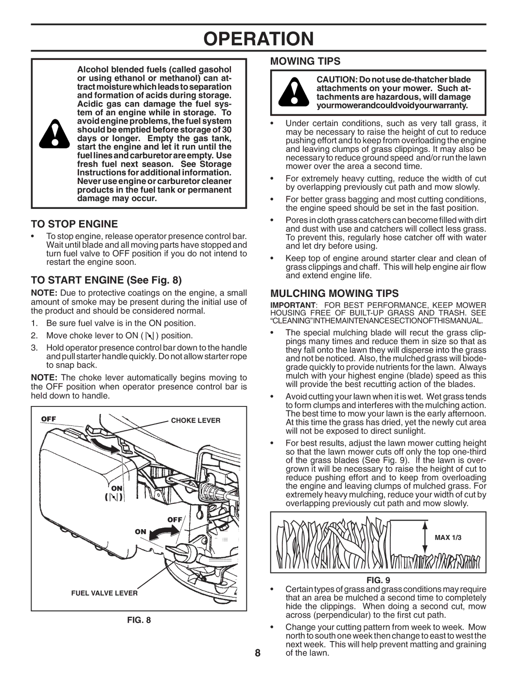 Husqvarna 7021P owner manual To Stop Engine, To Start Engine See Fig, Mulching Mowing Tips 