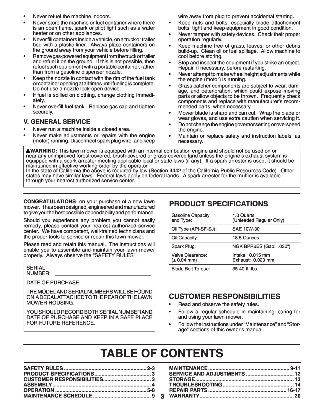 Husqvarna 7021P Table Of Contents, Product Specifications, Customer Responsibilities, V. General Service, 9-11, 16-17 