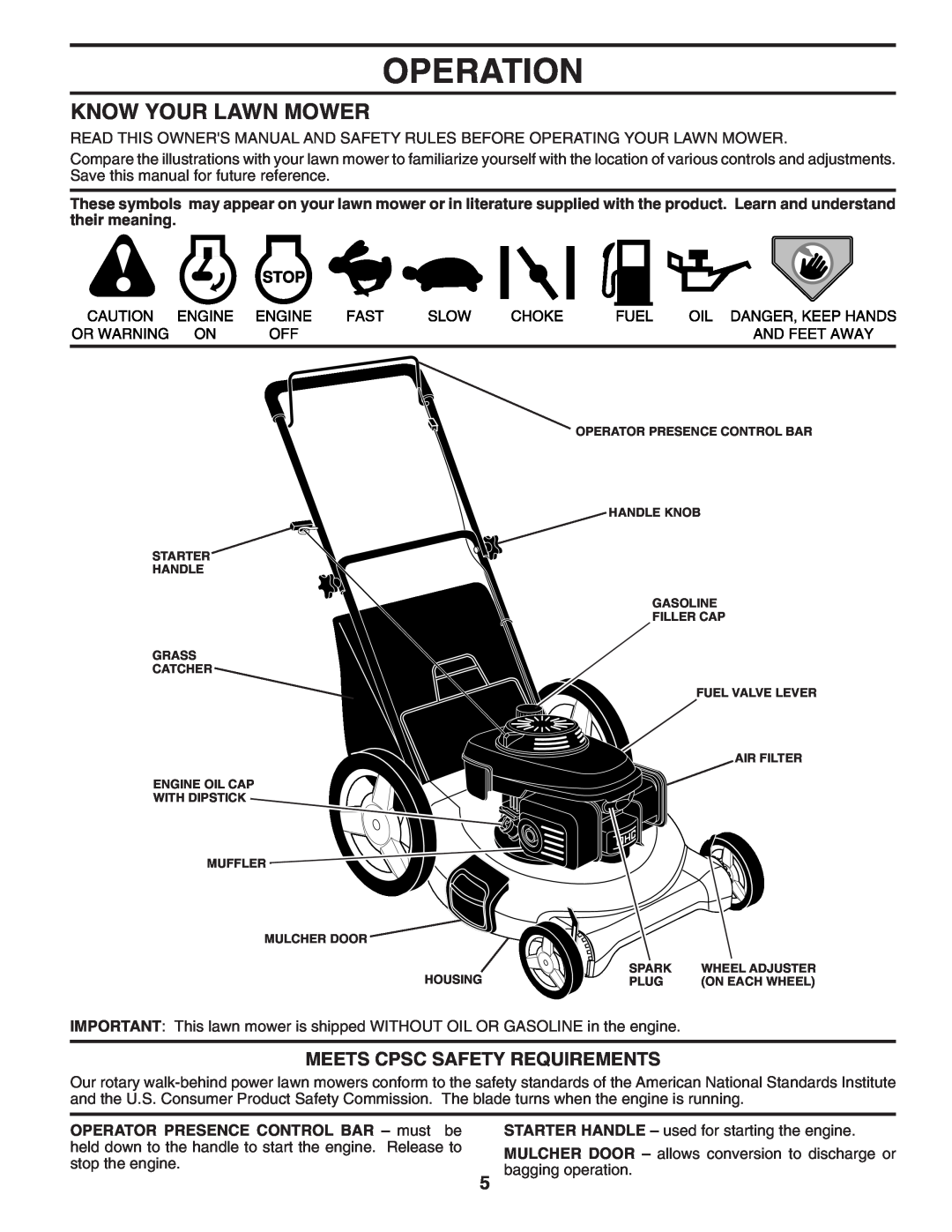 Husqvarna 7021P owner manual Operation, Know Your Lawn Mower, Meets Cpsc Safety Requirements 