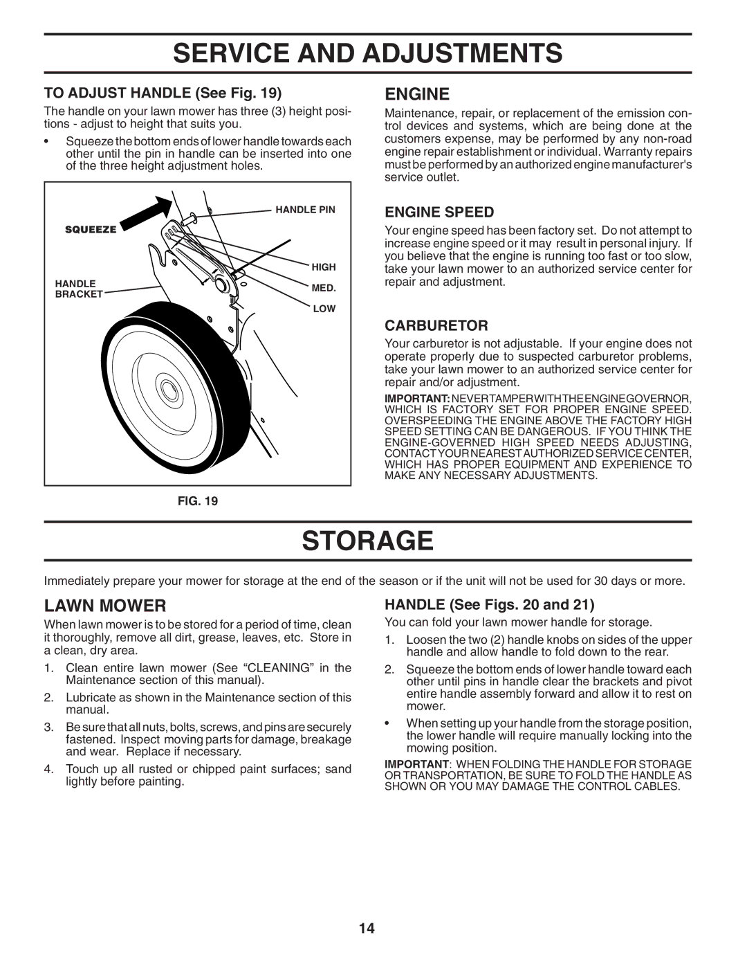 Husqvarna 7021R manual Storage, To Adjust Handle See Fig, Carburetor, Handle See Figs 