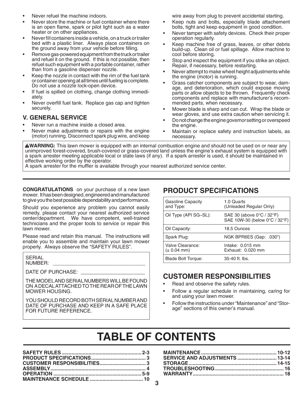 Husqvarna 7021R manual Table of Contents 