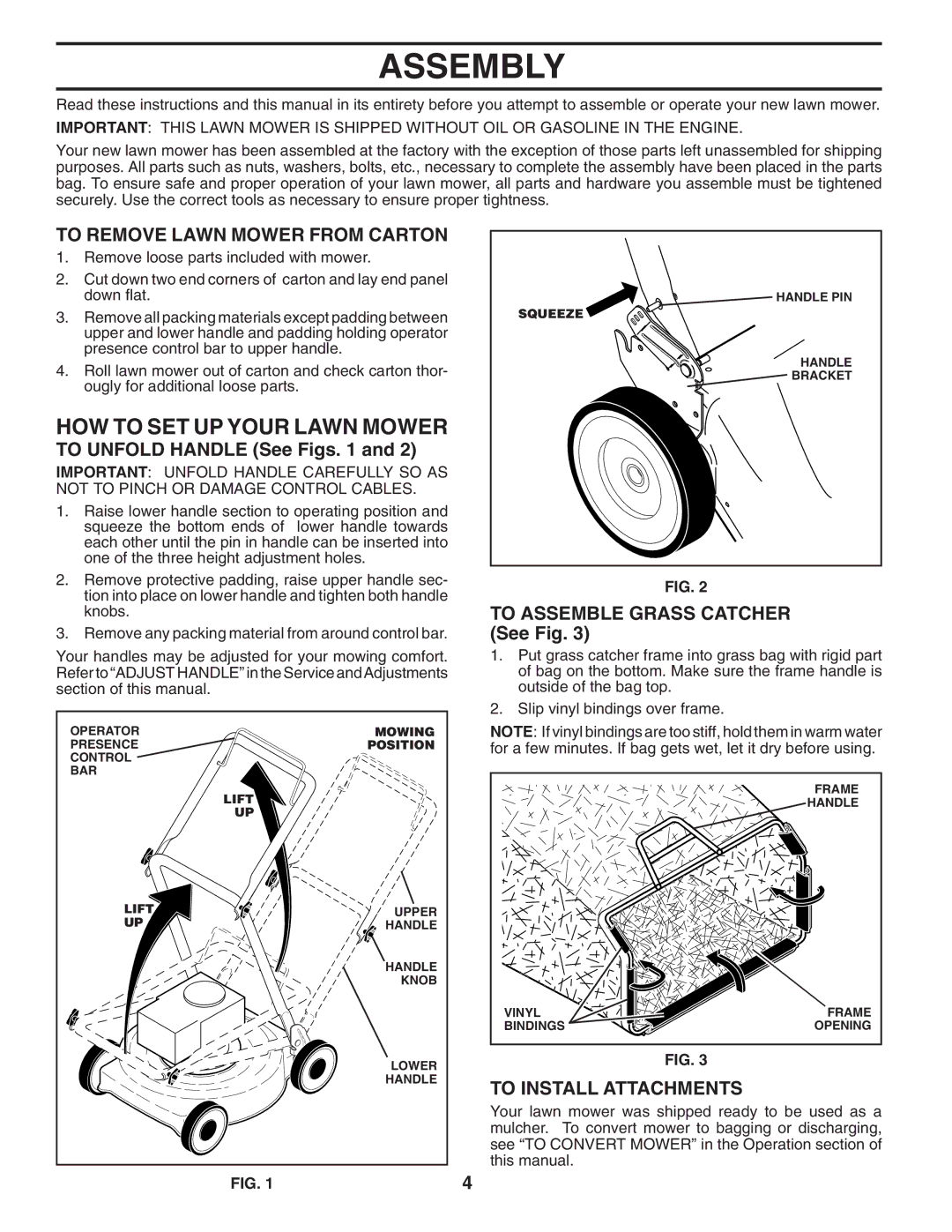 Husqvarna 7021R manual Assembly, HOW to SET UP Your Lawn Mower, To Remove Lawn Mower from Carton, To Install Attachments 