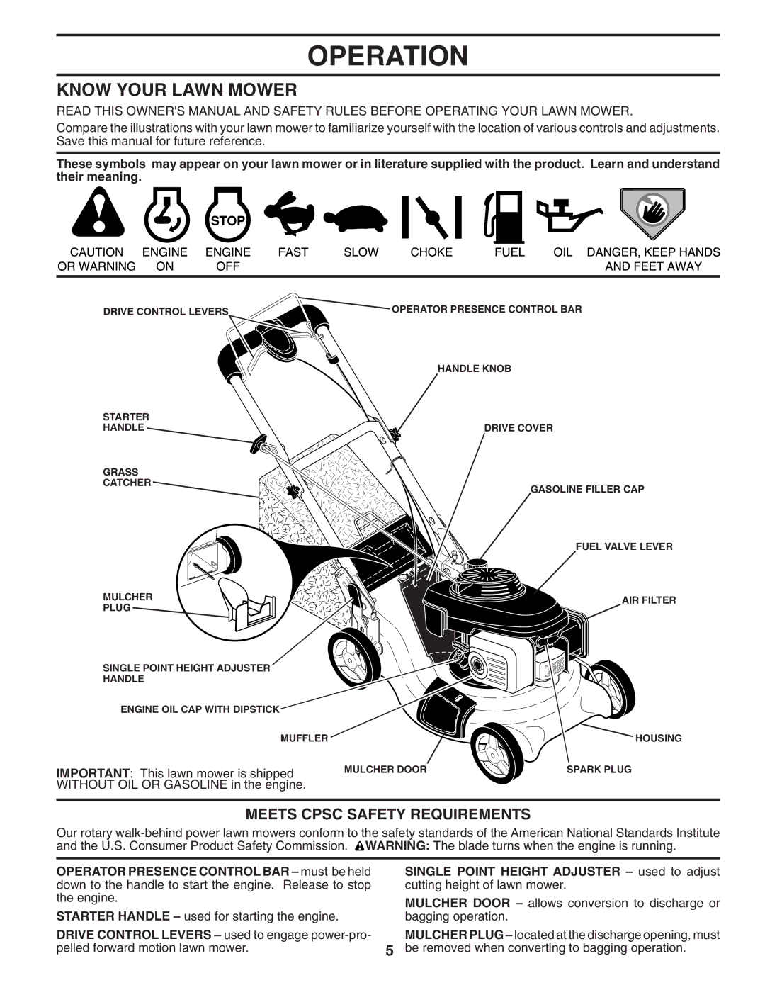 Husqvarna 7021R manual Operation, Know Your Lawn Mower, Meets Cpsc Safety Requirements 