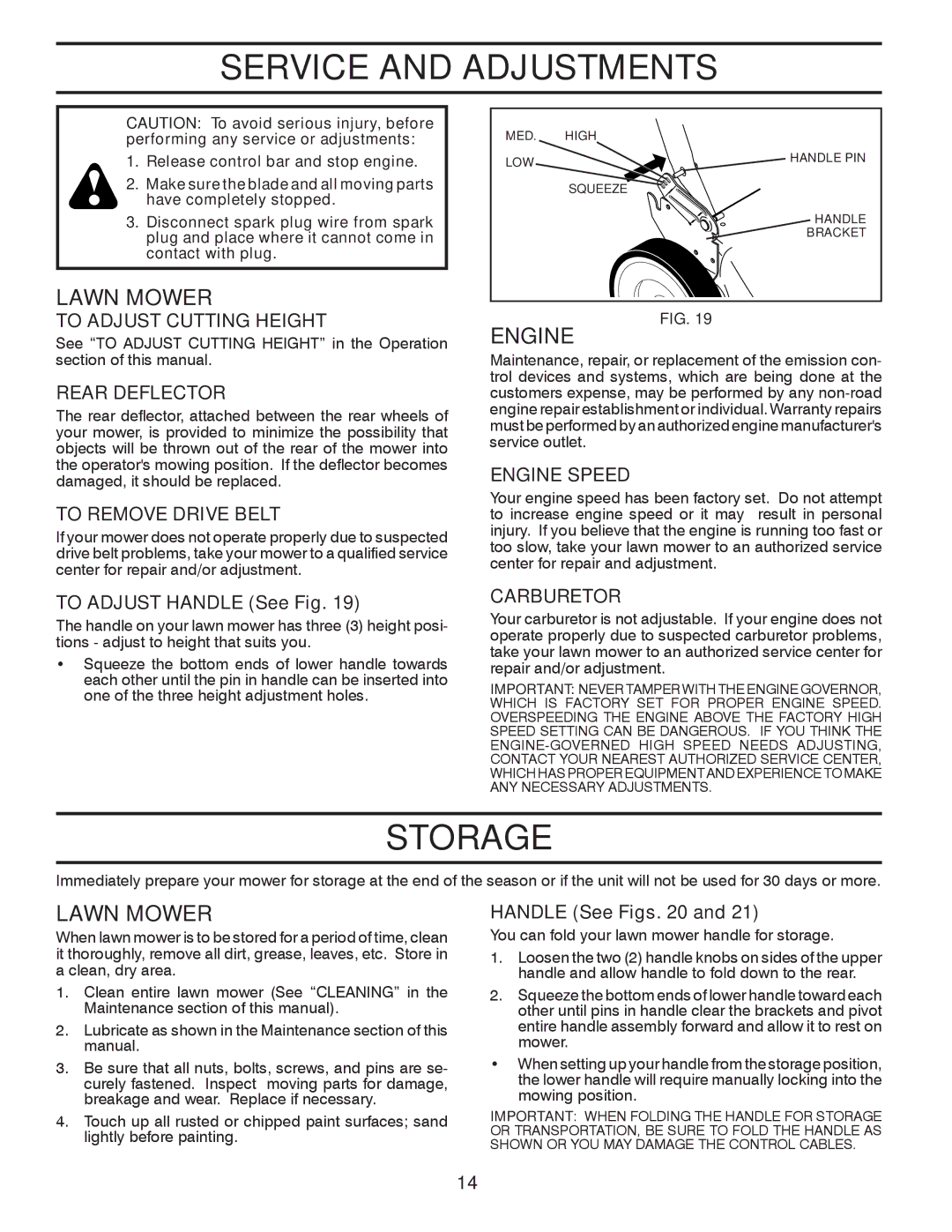 Husqvarna 7021RB owner manual Service and Adjustments, Storage 