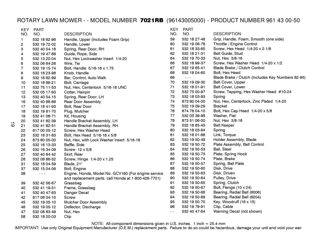 Husqvarna 7021RB owner manual KEY Part Description 