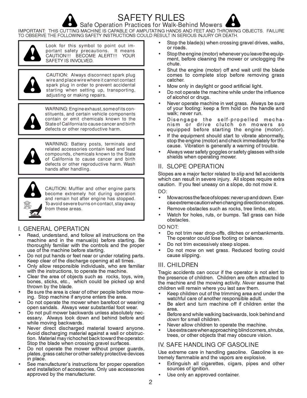 Husqvarna 7021RB Safe Operation Practices for Walk-Behind Mowers, General Operation, II. Slope Operation, III. Children 