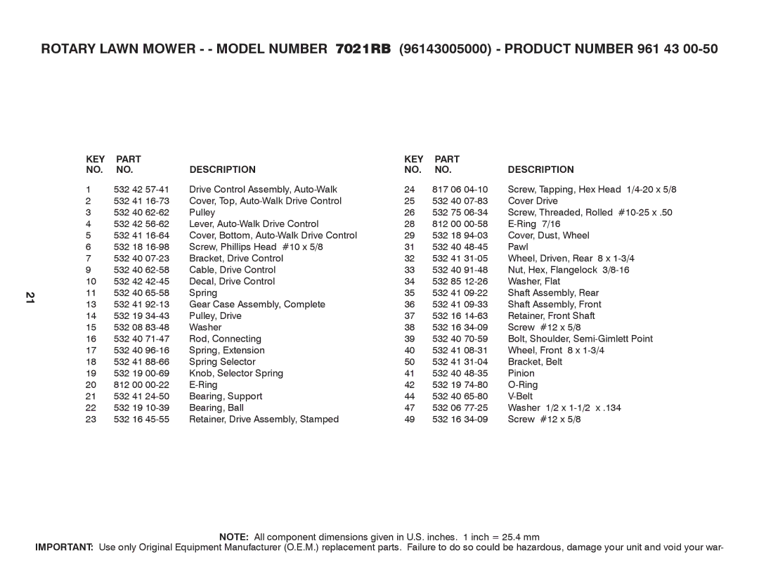 Husqvarna 7021RB owner manual KEY Part Description 