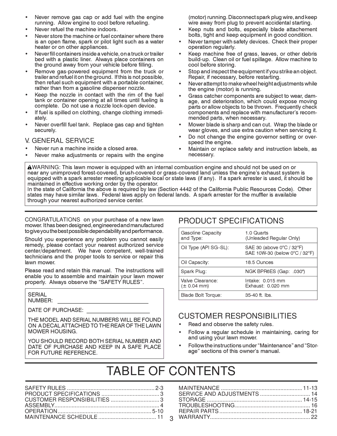 Husqvarna 7021RB owner manual Table of Contents 