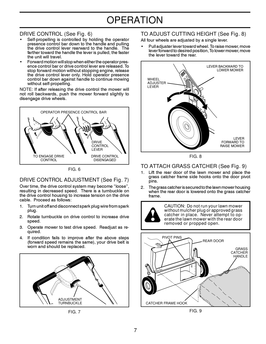 Husqvarna 7021RB owner manual Drive Control See Fig, Drive Control Adjustment See Fig, To Adjust Cutting Height See Fig 