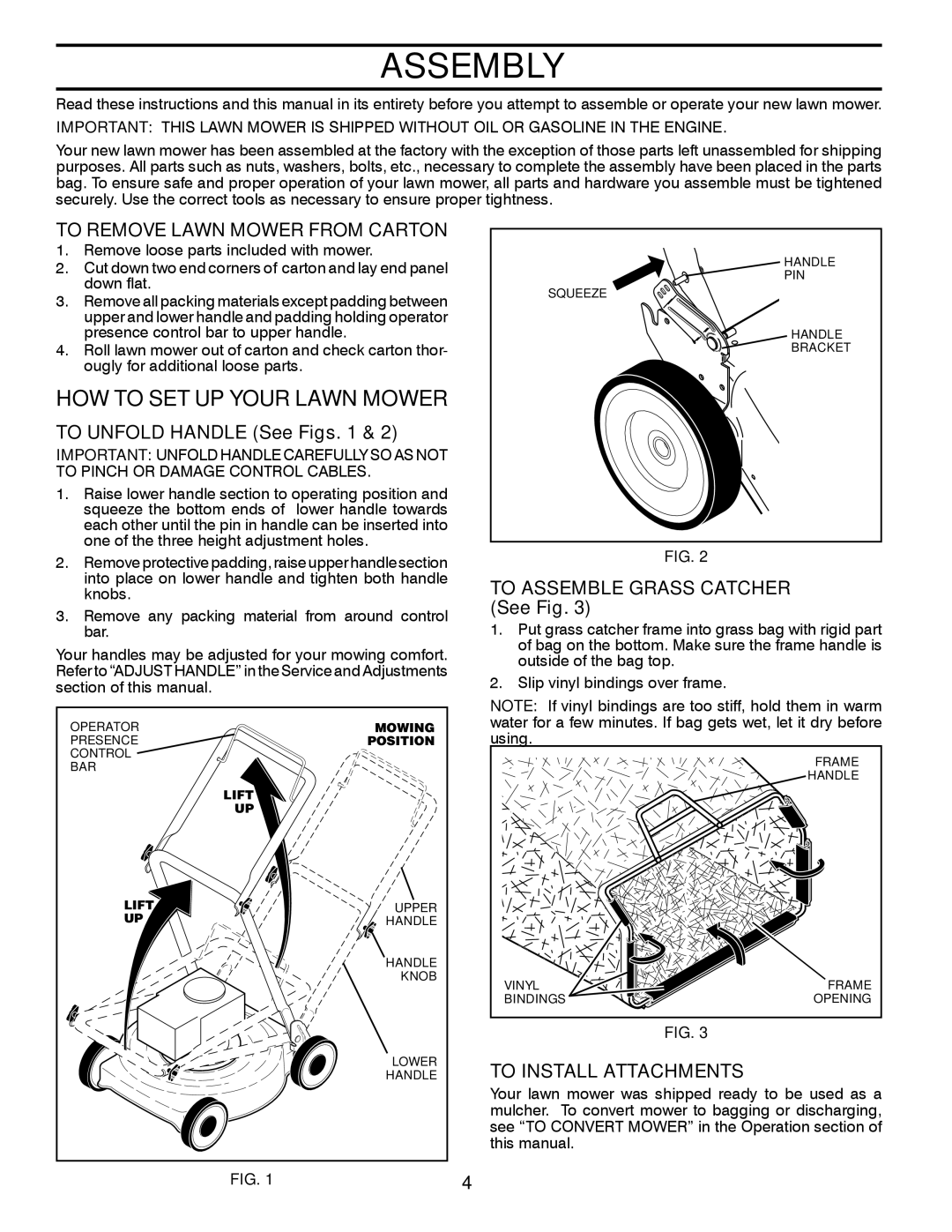 Husqvarna 7021RB Assembly, How To Set Up Your Lawn Mower, To Remove Lawn Mower From Carton, TO UNFOLD HANDLE See Figs 