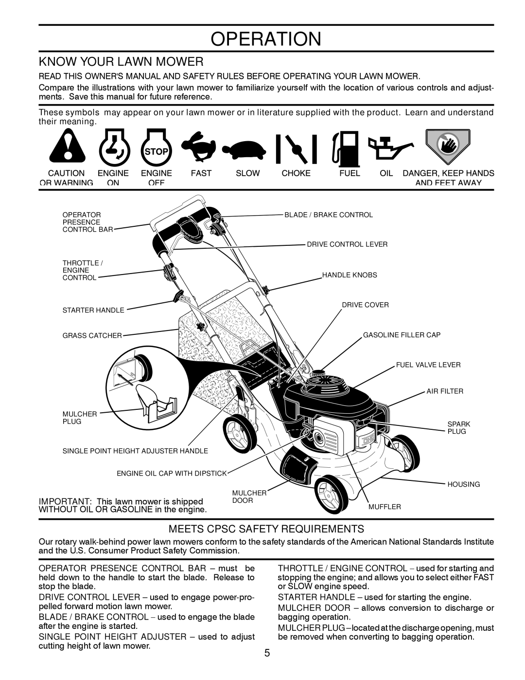 Husqvarna 7021RB owner manual Operation, Know Your Lawn Mower, Meets Cpsc Safety Requirements 