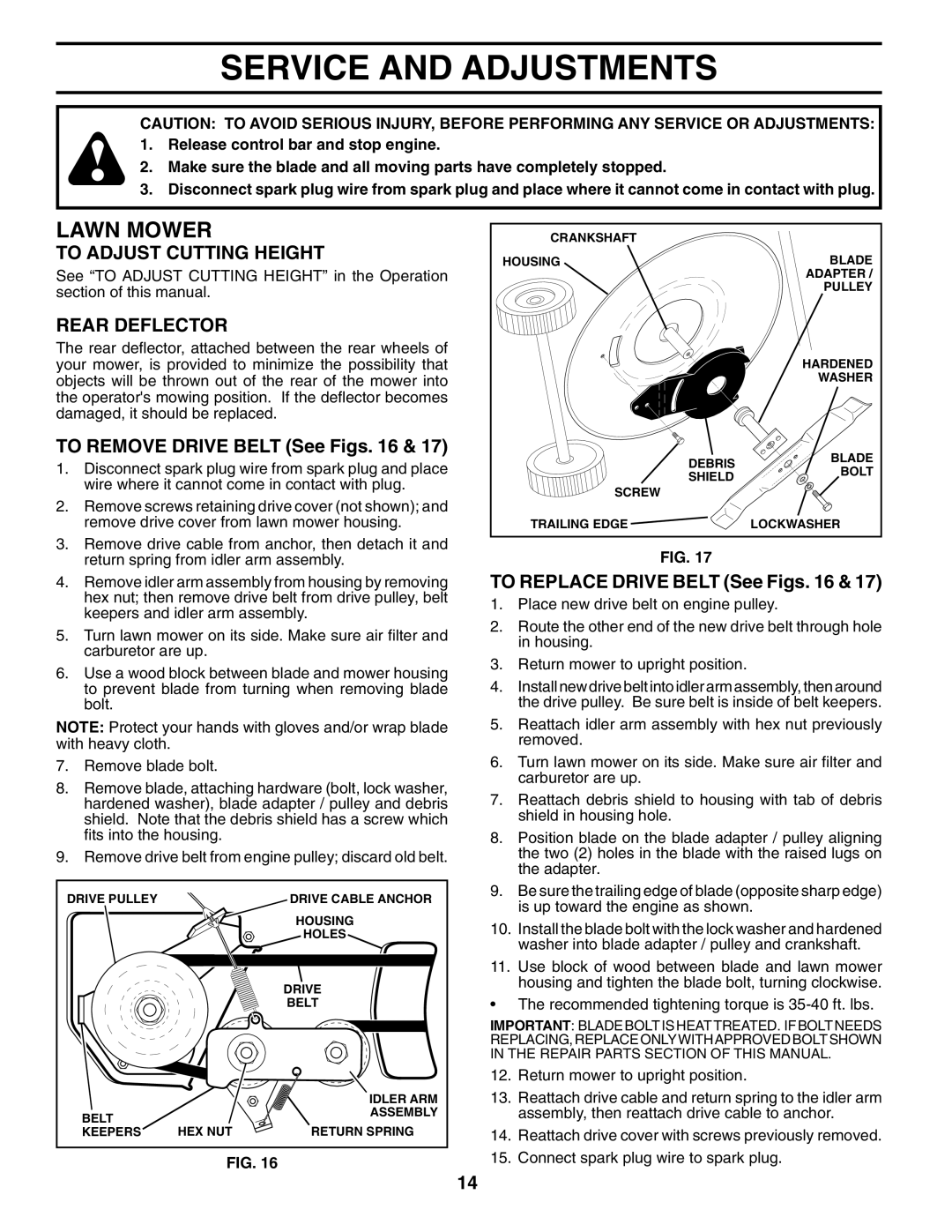 Husqvarna 7021RES Service and Adjustments, To Adjust Cutting Height, Rear Deflector, To Remove Drive Belt See Figs 