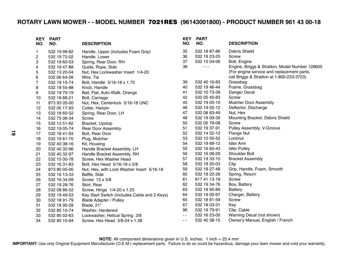 Husqvarna 7021RES owner manual KEY Part Description 