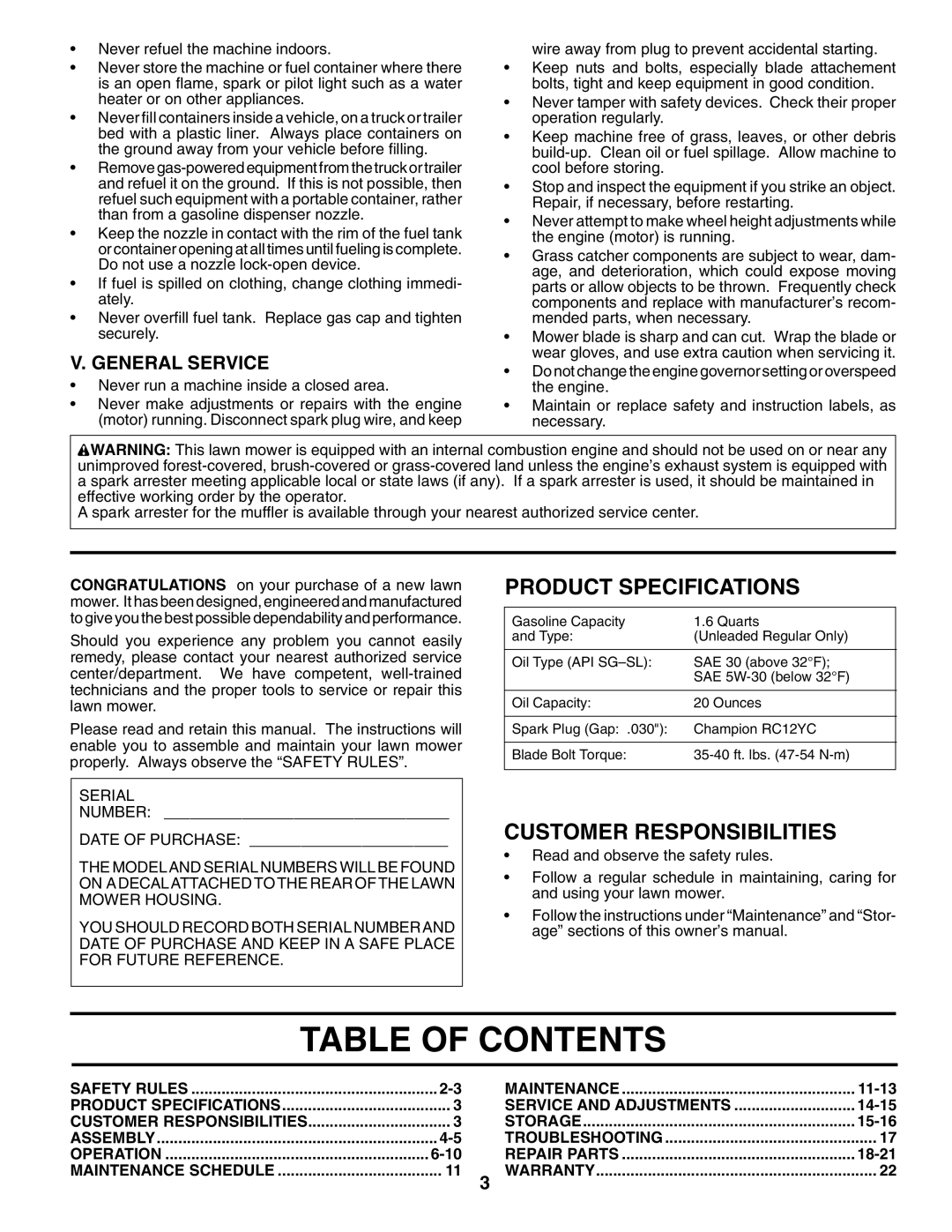 Husqvarna 7021RES owner manual Table of Contents 