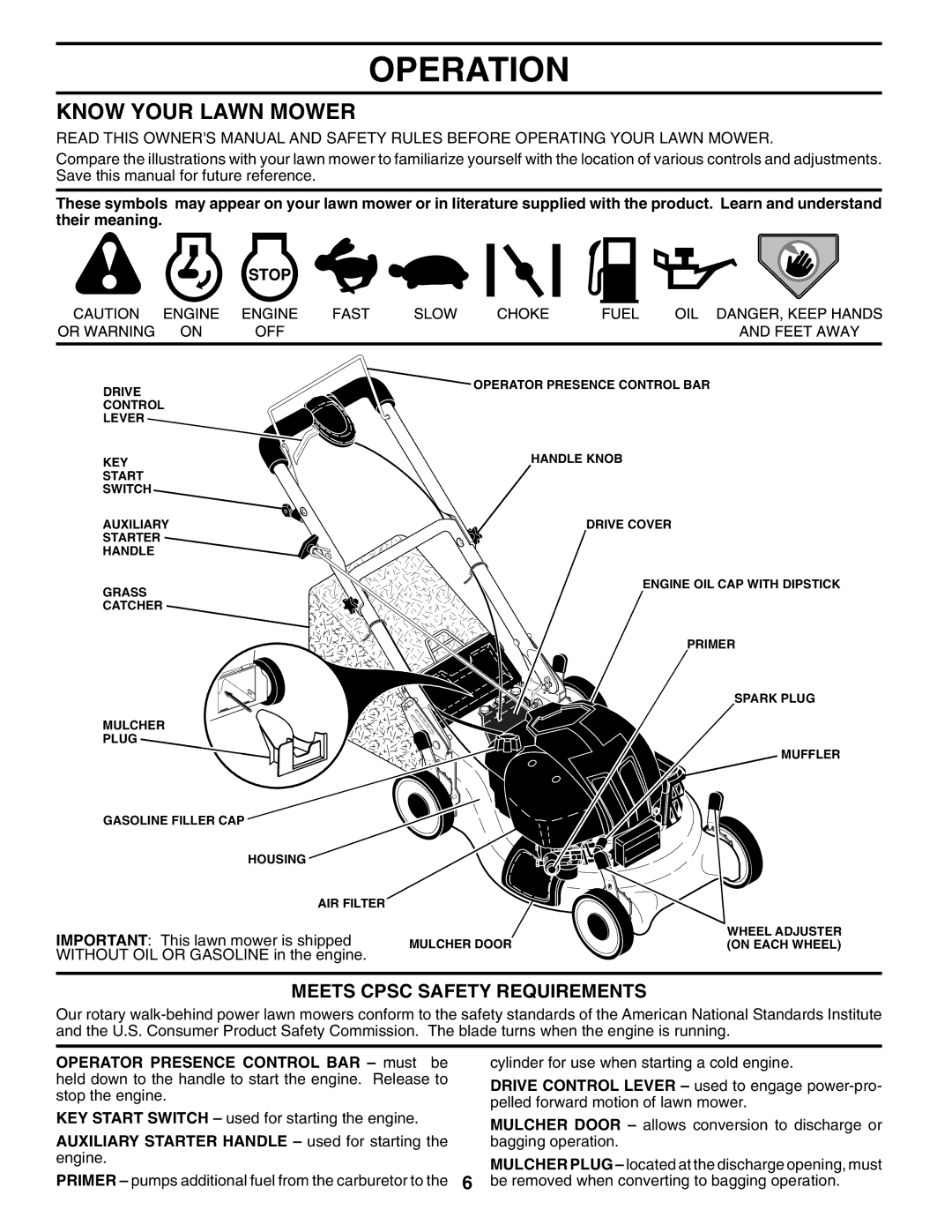 Husqvarna 7021RES owner manual Operation, Know Your Lawn Mower, Meets Cpsc Safety Requirements 