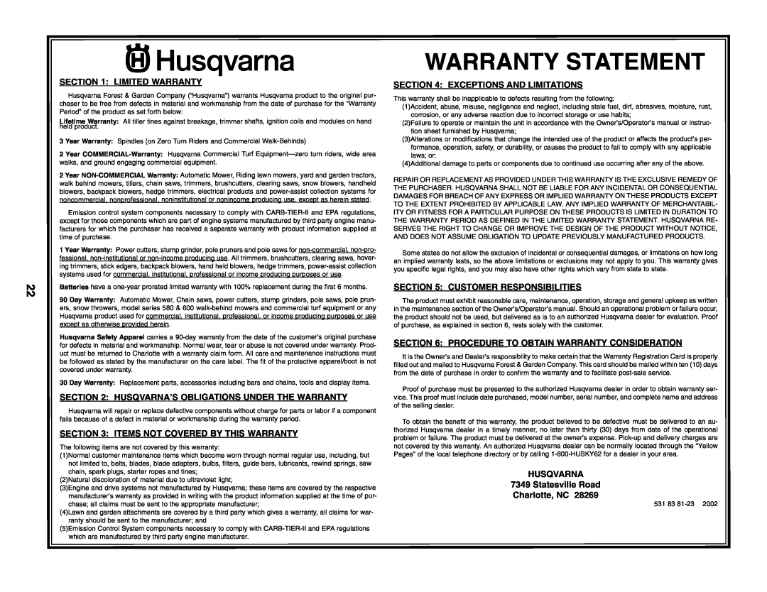 Husqvarna 7021RES Limited Warranty, Items Not Covered By This Warranty, Warranty Statement Exceptions And Limitations 