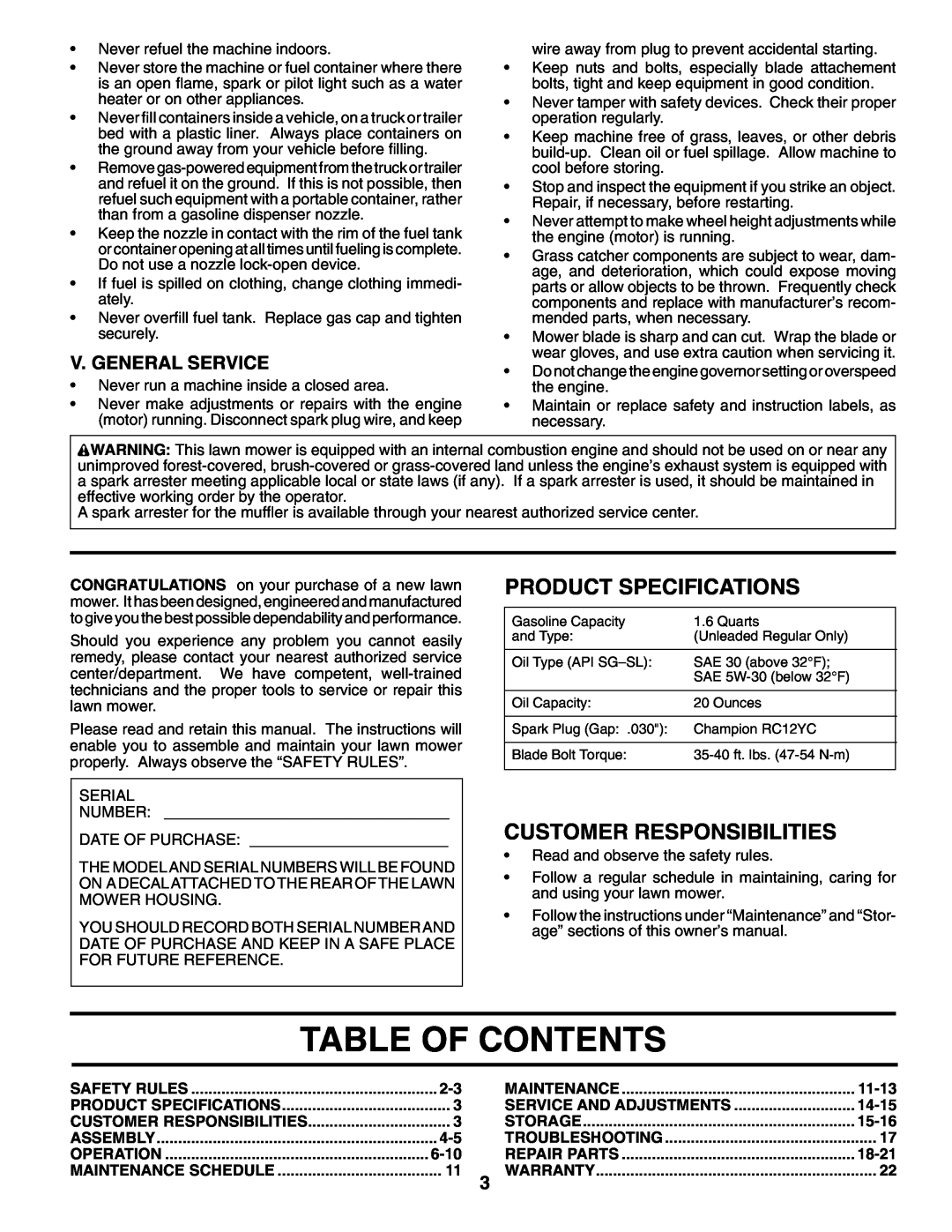 Husqvarna 7021RES Table Of Contents, Product Specifications, Customer Responsibilities, V. General Service, 6-10, 11-13 