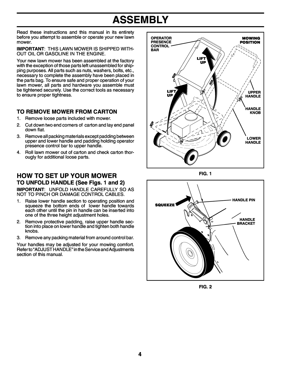 Husqvarna 7021RES Assembly, How To Set Up Your Mower, To Remove Mower From Carton, TO UNFOLD HANDLE See Figs. 1 and 
